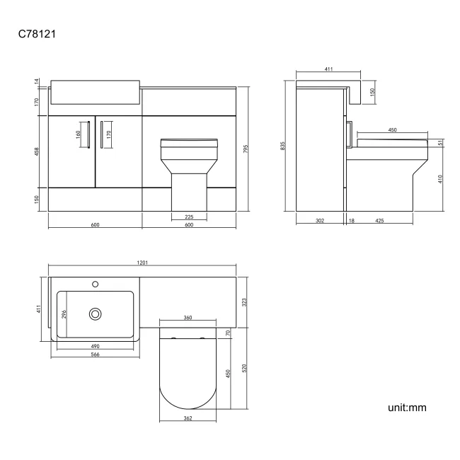 Harper Charcoal Elm Combination Vanity Basin with Marble Top & Denver Toilet 1200mm - Black Accents