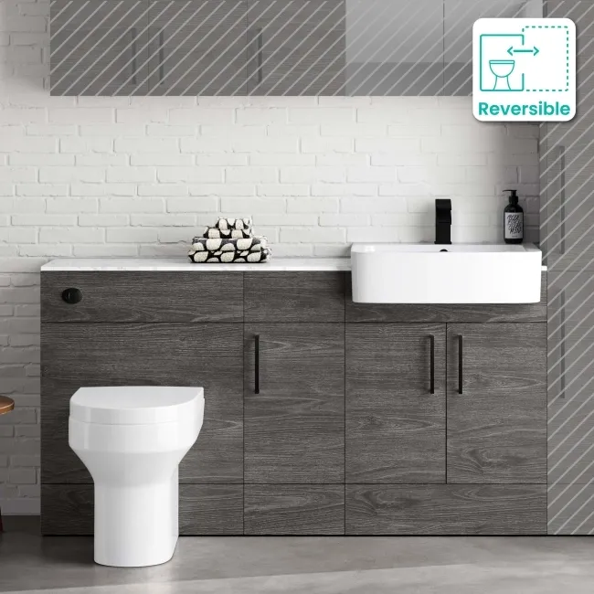 Harper Charcoal Elm Combination Vanity Basin with Marble Top & Denver Toilet 1500mm - Black Accents