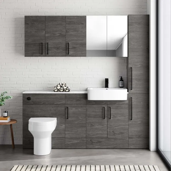 Harper Charcoal Elm Combination Vanity Basin with Marble Top & Denver Toilet 1500mm - Black Accents