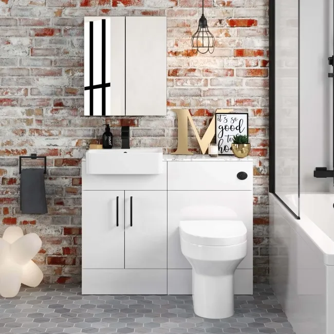 Harper Gloss White Combination Vanity Basin with Marble Top & Denver Toilet 1000mm - Black Accents