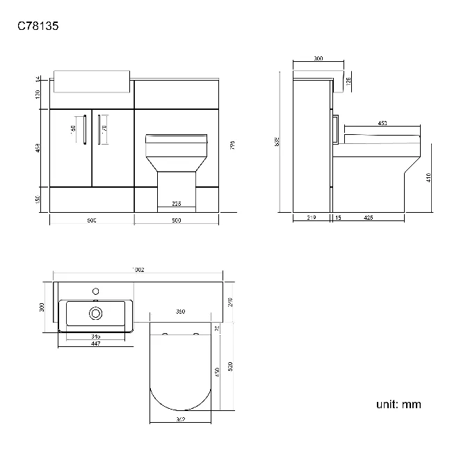 Harper Gloss White Combination Vanity Basin with Marble Top & Denver Toilet 1000mm - Black Accents
