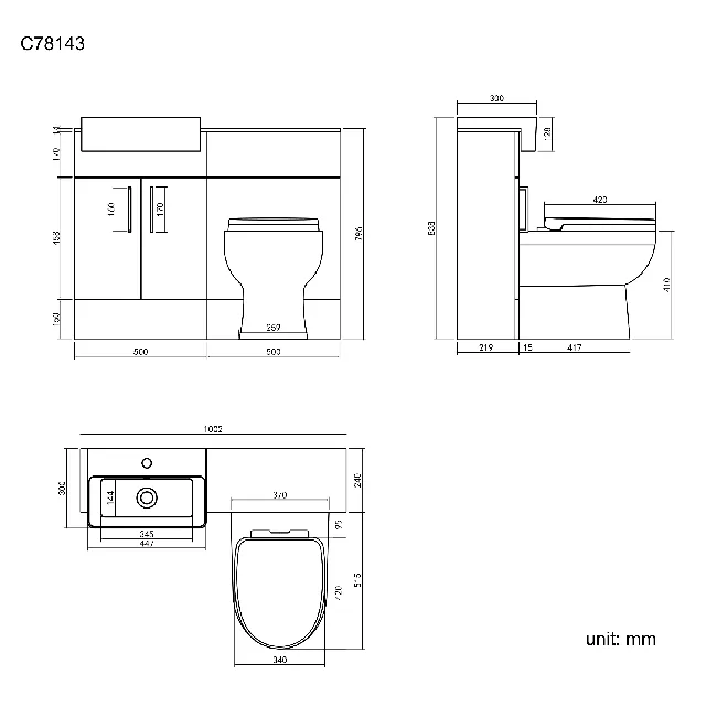 Harper Stone Grey Combination Vanity Basin with Marble Top & Seattle Toilet 1000mm - Black Accents