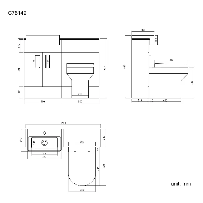 Harper Charcoal Elm Combination Vanity Basin & Denver Toilet 1000mm - Black Accents