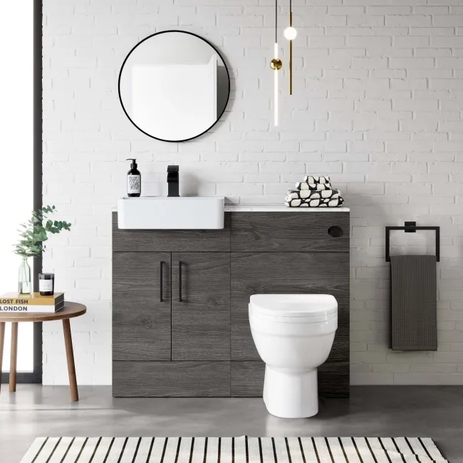 Harper Charcoal Elm Combination Vanity Basin with Marble Top & Seattle Toilet 1000mm - Black Accents