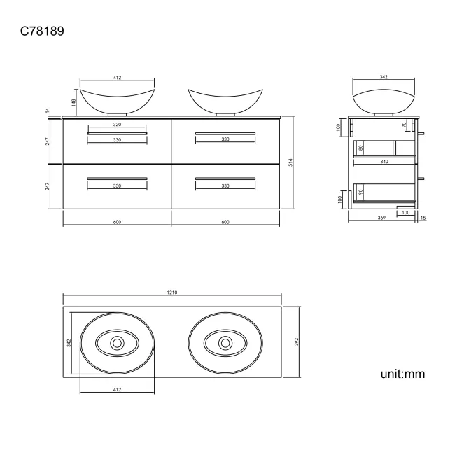 Elba Graphite Grey Double Wall Hung Drawer Vanity with Marble Top & Oval Counter Top Basin 1200mm - Black Accents
