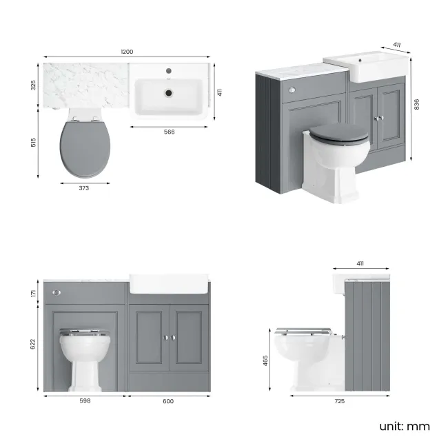 Monaco Dove Grey Combination Vanity Basin with Marble Top & Hudson Toilet with Wooden Seat 1200mm