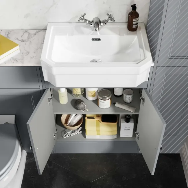 Monaco Dove Grey Combination Vanity Traditional Basin with Marble Top & Hudson Toilet with Wooden Seat 1200mm