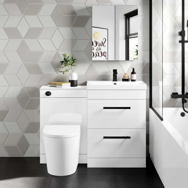 Avon Gloss White Combination Basin Drawer and Boston Toilet 1100mm - Black Accents