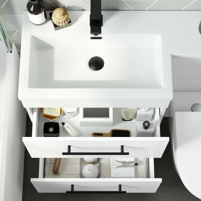 Avon Gloss White Combination Basin Drawer and Boston Toilet 1100mm - Black Accents - Left Handed