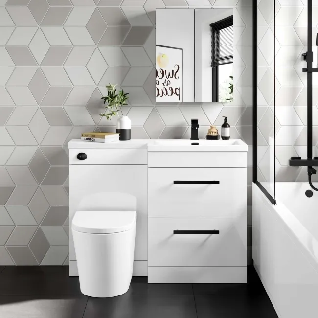 Avon Gloss White Combination Basin Drawer and Boston Toilet 1100mm - Black Accents - Right Handed