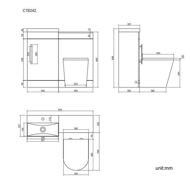 Avon Stone Grey Combination Vanity Basin and Boston Toilet 950mm - Black Accents