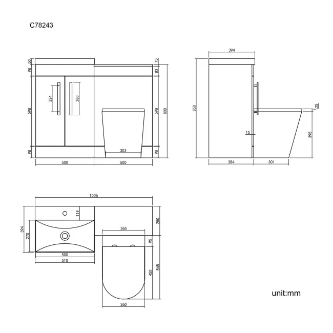 Avon Stone Grey Combination Vanity Basin and Boston Toilet 1000mm - Black Accents