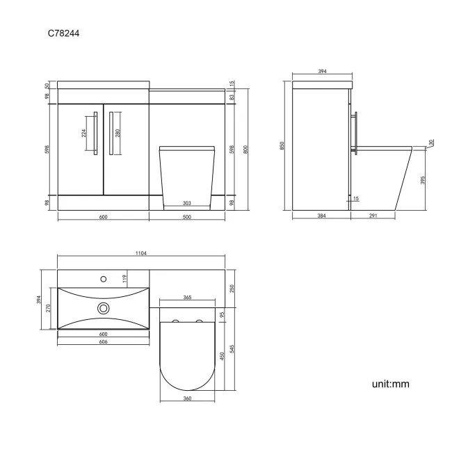 Avon Stone Grey Combination Vanity Basin and Boston Toilet 1100mm - Black Accents