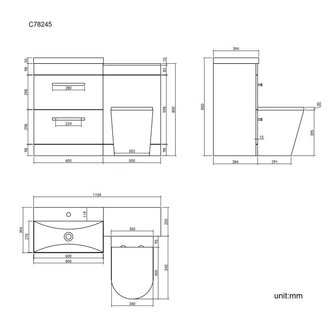 Avon Stone Grey Combination Basin Drawer and Boston Toilet 1100mm - Black Accents