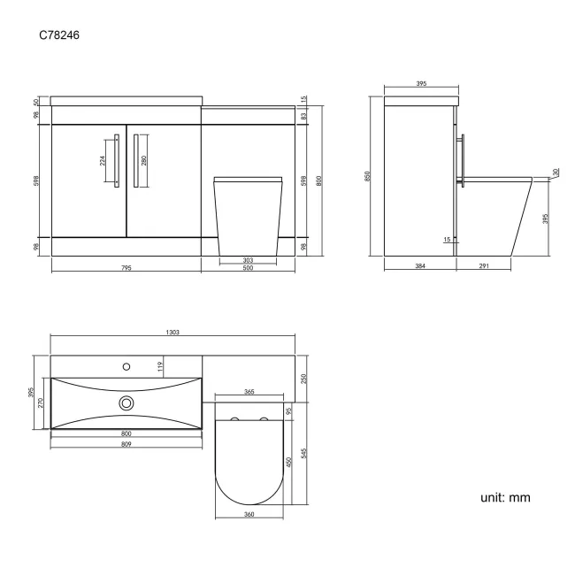 Avon Stone Grey Combination Vanity Basin and Boston Toilet 1300mm - Black Accents