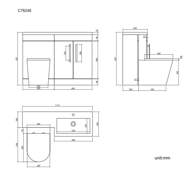 Avon Stone Grey Combination Vanity Basin and Boston Toilet 1100mm - Black Accents - Right Handed
