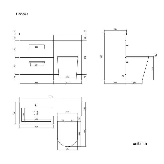 Avon Stone Grey Combination Basin Drawer and Boston Toilet 1100mm - Black Accents - Left Handed