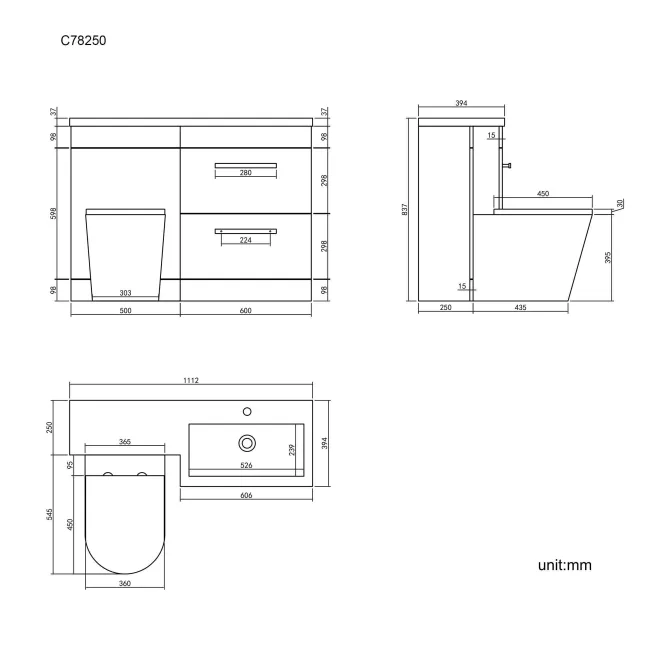 Avon Stone Grey Combination Basin Drawer and Boston Toilet 1100mm - Black Accents - Right Handed