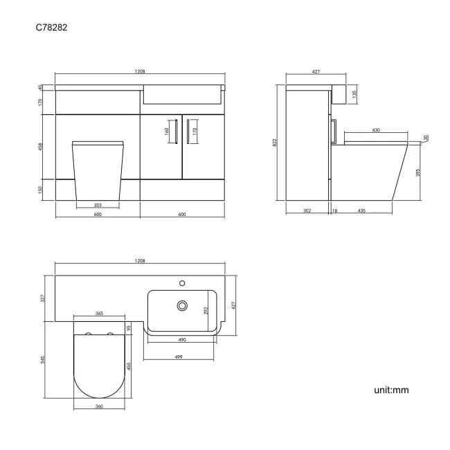 Harper Stone Grey Combination Vanity Basin and Boston Toilet 1200mm - Black Accents - Right Handed
