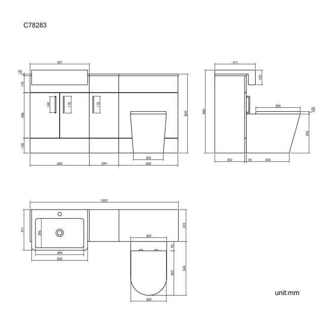 Harper Stone Grey Combination Vanity Basin and Boston Toilet 1500mm - Black Accents