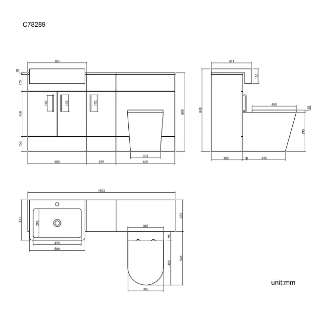 Harper Charcoal Elm Combination Vanity Basin and Boston Toilet 1500mm