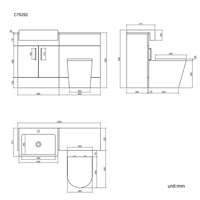 Harper Charcoal Elm Combination Vanity Basin and Boston Toilet 1200mm - Black Accents
