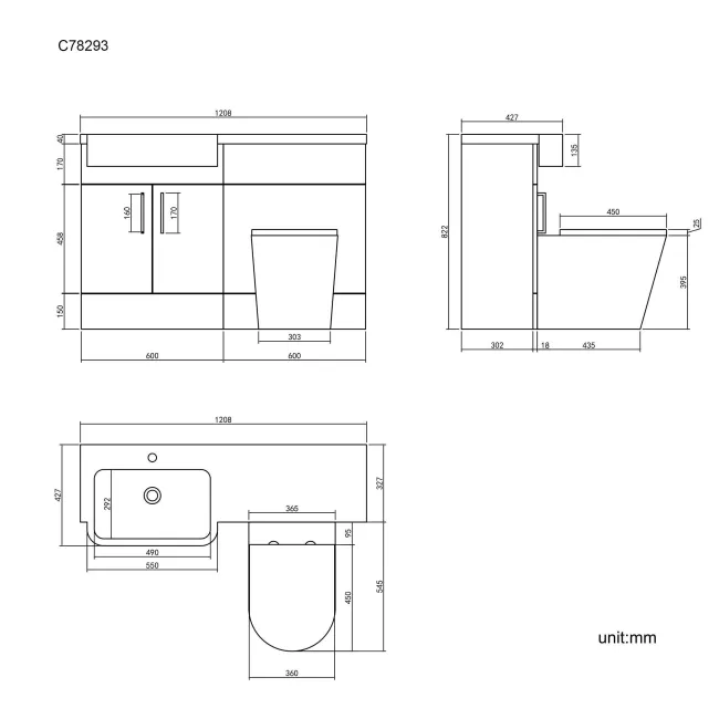Harper Charcoal Elm Combination Vanity Basin and Boston Toilet 1200mm - Black Accents - Left Handed