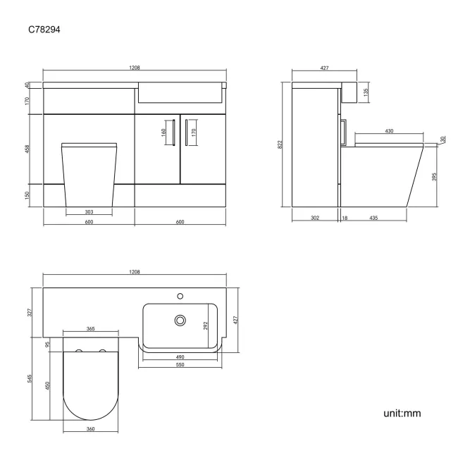 Harper Charcoal Elm Combination Vanity Basin and Boston Toilet 1200mm - Black Accents - Right Handed