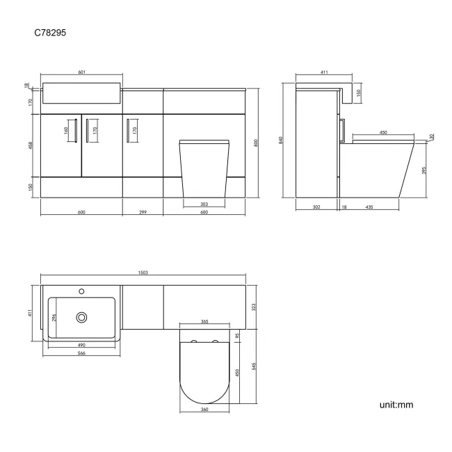 Harper Charcoal Elm Combination Vanity Basin and Boston Toilet 1500mm - Black Accents