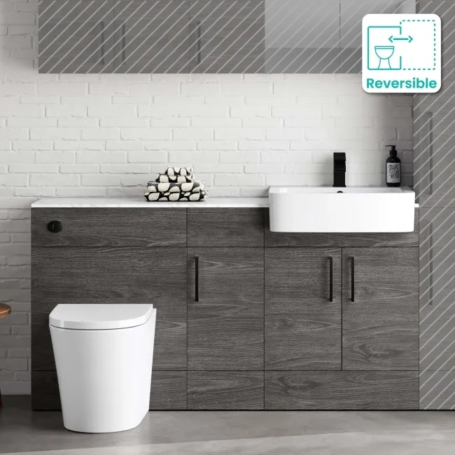 Harper Charcoal Elm Combination Vanity Basin with Marble Top & Boston Toilet 1500mm - Black Accents