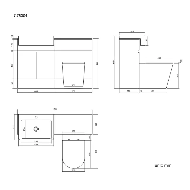 Foster Stone Grey Combination Vanity Basin and Boston Toilet 1200mm