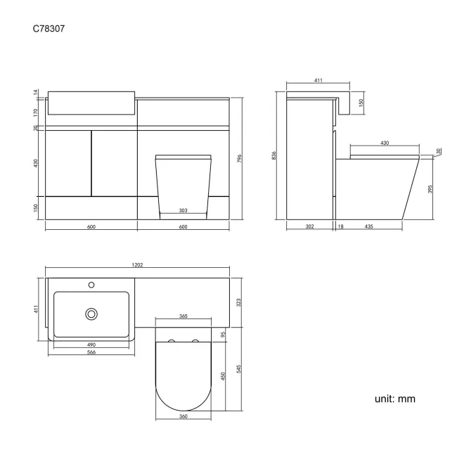 Foster Stone Grey Combination Vanity Basin with Marble Top & Boston Toilet 1200mm