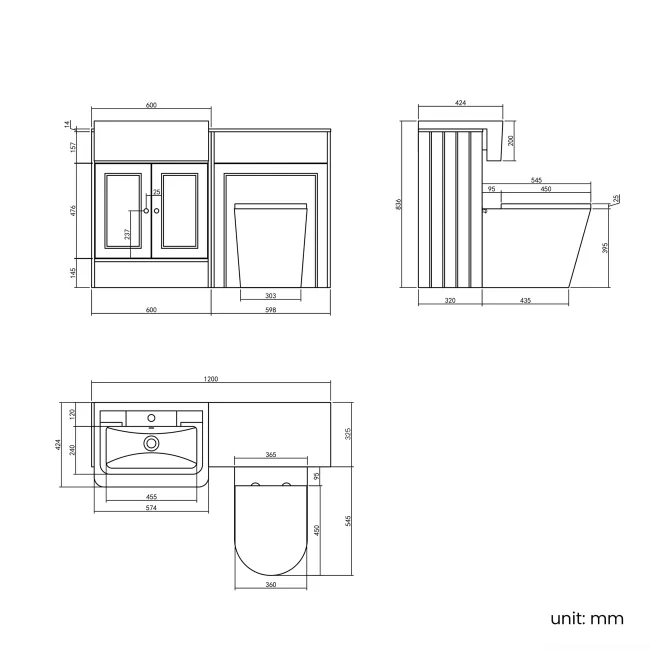 Monaco Dove Grey Combination Vanity Traditional Basin with Marble Top & Boston Toilet 1200mm