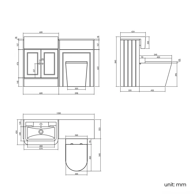 Monaco Chalk White Combination Vanity Traditional Basin and Boston Toilet 1200mm