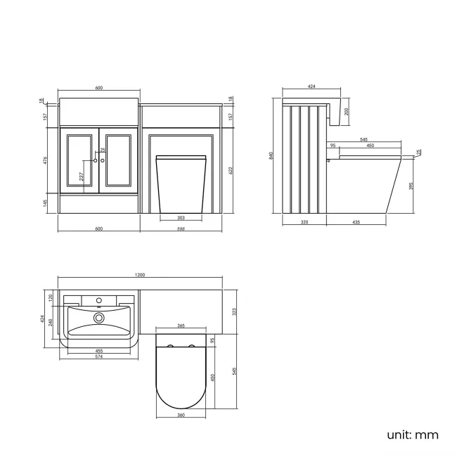 Monaco Graphite Grey Combination Vanity Traditional Basin and Boston Toilet 1200mm