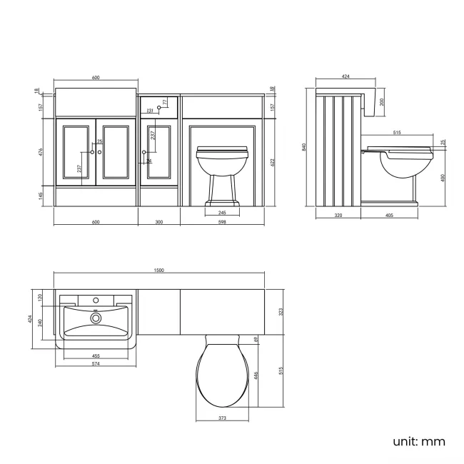 Monaco Graphite Grey Combination Vanity Traditional Basin and Hudson Toilet with Wooden Seat 1500mm