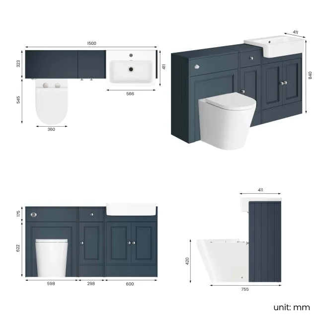 Monaco Inky Blue Combination Vanity Basin and Boston Toilet 1500mm
