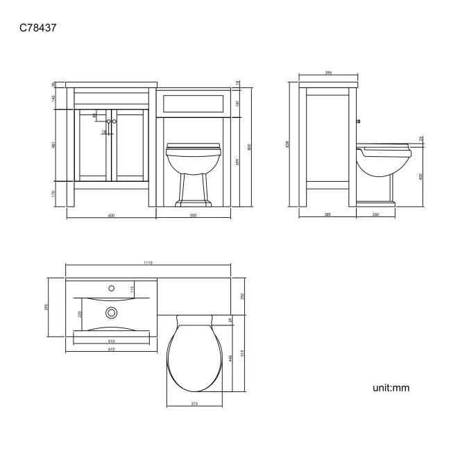 Bermuda Graphite Grey Combination Vanity Basin and Hudson Toilet with Wooden Seat 1100mm
