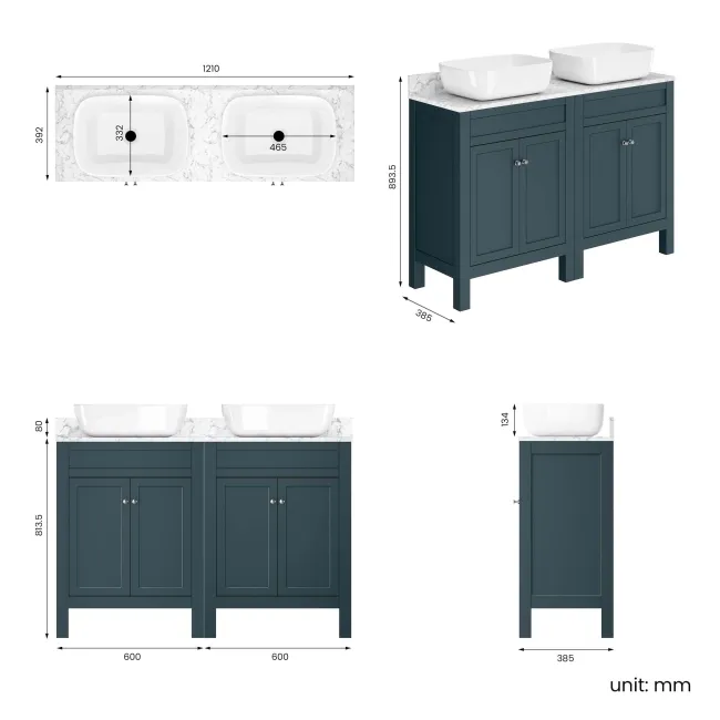 Bermuda Inky Blue Vanity with Marble Top & Curved Counter Top Basin 1200mm