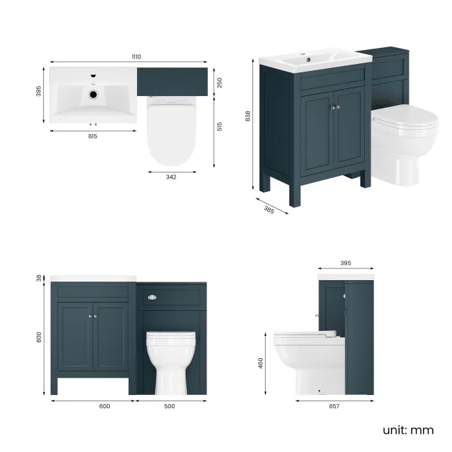 Bermuda Inky Blue Combination Vanity Basin and Seattle Toilet 1100mm