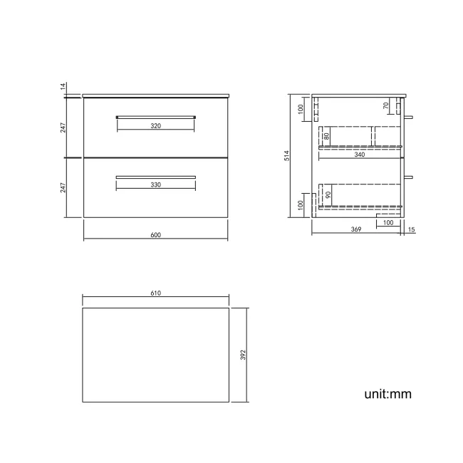 Elba Graphite Grey Wall Hung Drawer 600mm Excludes Counter Top Basin - Brushed Brass Accents