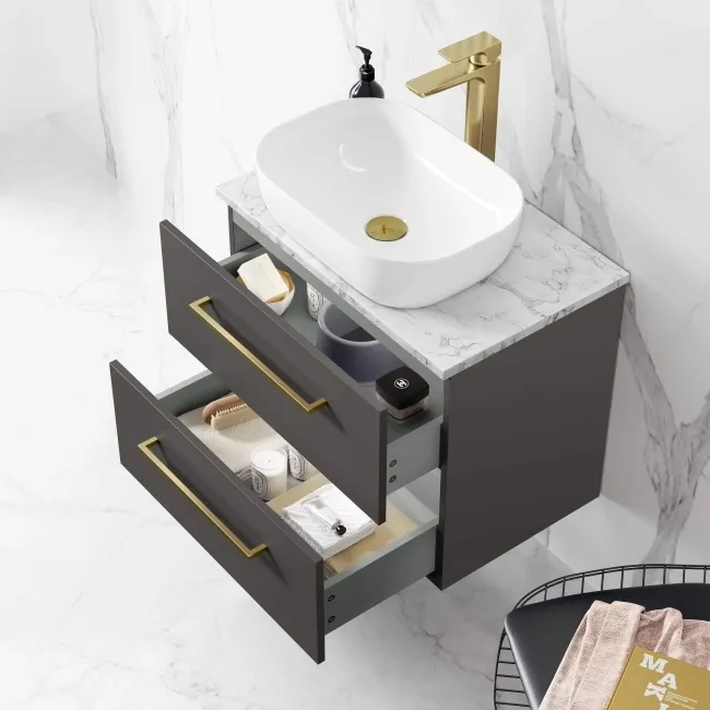 Elba Graphite Grey Wall Hung Drawer Vanity with Marble Top & Curved Counter Top Basin 600mm - Brushed Brass Accents