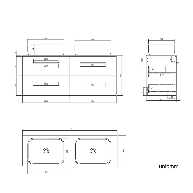 Elba Graphite Grey Double Wall Hung Drawer Vanity with Marble Top & Curved Basin 1200mm - Brushed Brass Accents