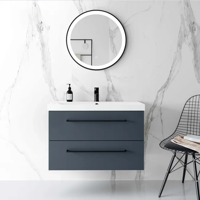 Elba Inky Blue Wall Hung Basin Drawer Vanity 800mm - Black Accents