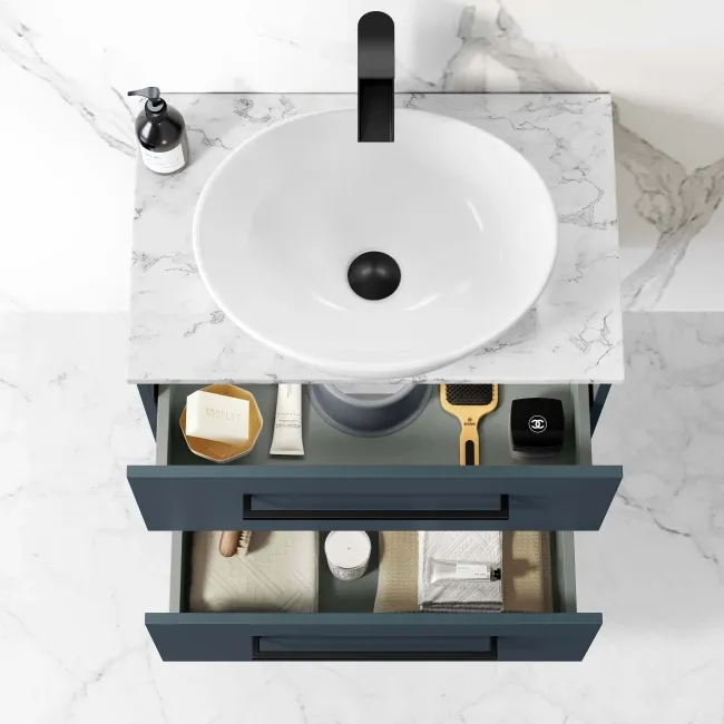 Elba Inky Blue Wall Hung Drawer Vanity with Marble Top & Oval Counter Top Basin 600mm - Black Accents