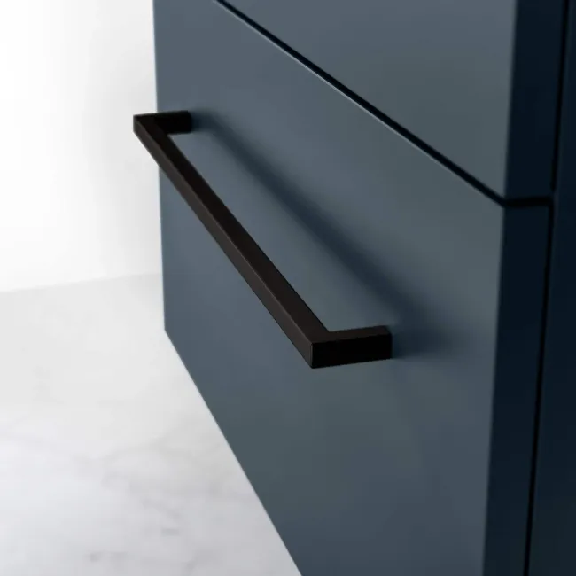 Elba Inky Blue Wall Hung Drawer Vanity with Marble Top & Curved Counter Top Basin 600mm - Black Accents