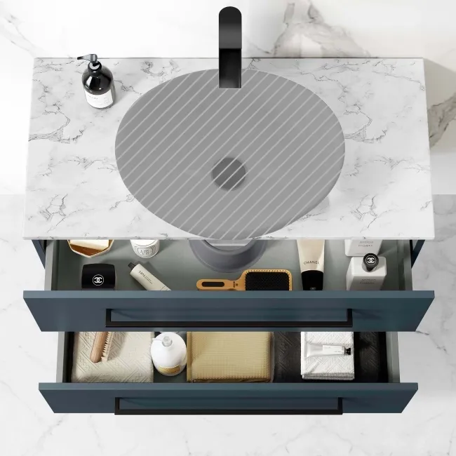 Elba Inky Blue Wall Hung Drawer 800mm Excludes Counter Top Basin - Black Accents