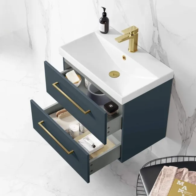 Elba Inky Blue Wall Hung Basin Drawer Vanity 600mm - Brushed Brass Accents