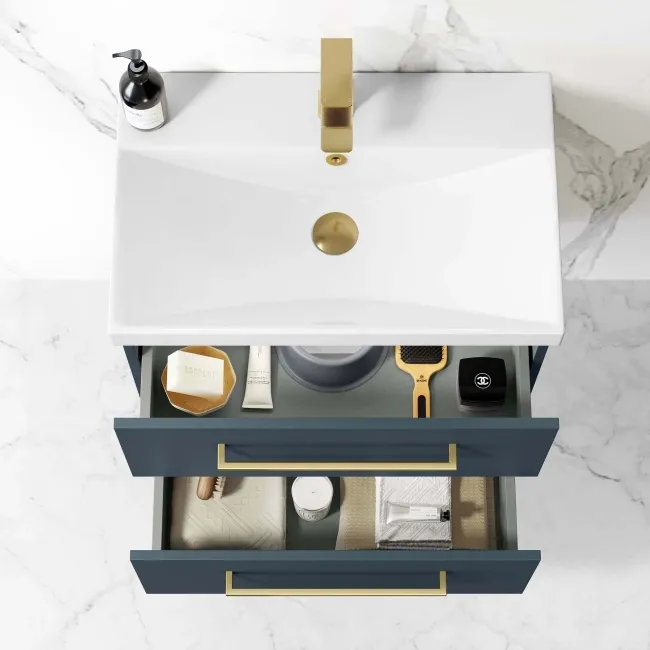 Elba Inky Blue Wall Hung Basin Drawer Vanity 600mm - Brushed Brass Accents