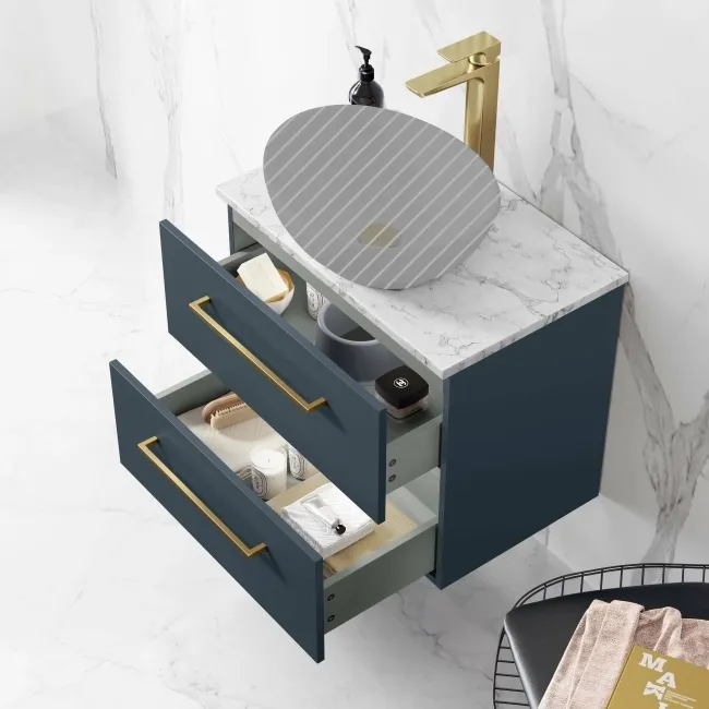 Elba Inky Blue Wall Hung Drawer 600mm Excludes Counter Top Basin - Brushed Brass Accents